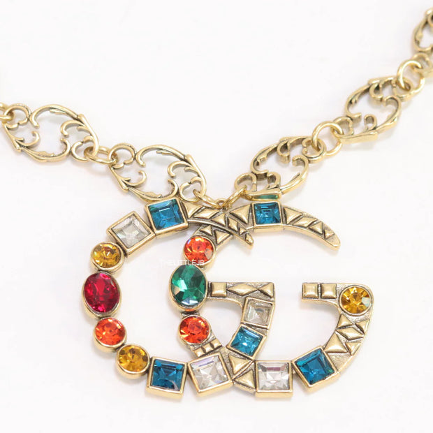 Golden fancy link chain necklace with multi cz twin G pendant