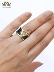 Open V and blak enamel bold ring