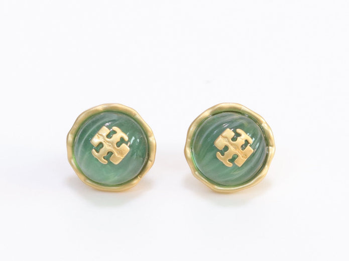 Alphabet T green studs in gold finish