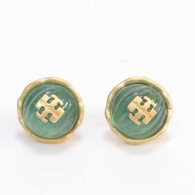 Alphabet T green studs in gold finish