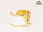Open V and white enamel bold ring