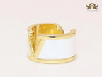 Open V and white enamel bold ring
