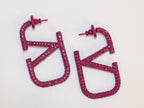 Alphabet V magenta rhinestones hoops