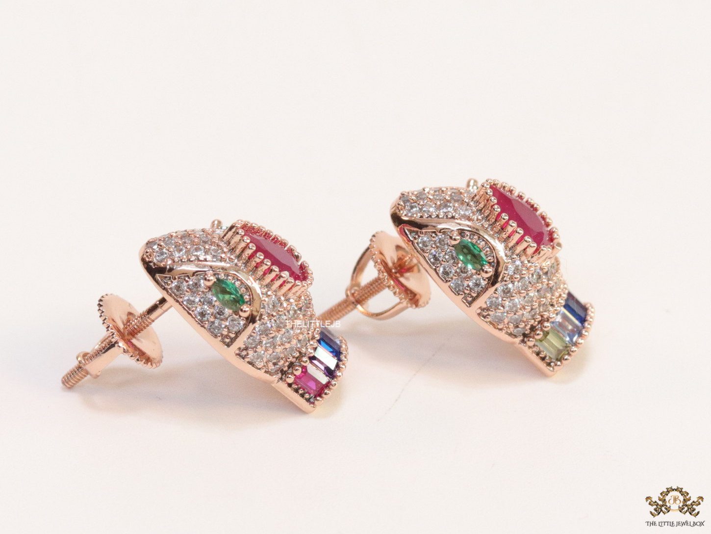 Rose gold plated snake head stud earrings with multi color cz
