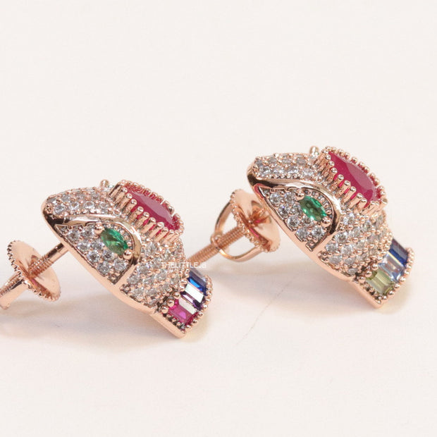 Rose gold plated snake head stud earrings with multi color cz