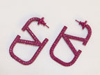 Alphabet V magenta rhinestones hoops