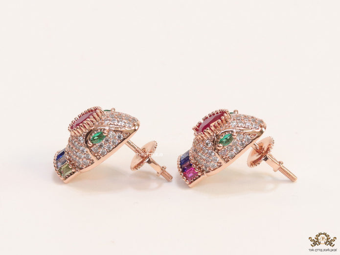Rose gold plated snake head stud earrings with multi color cz