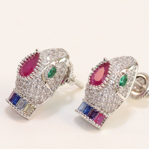 Platinum plated snake head stud earrings with multicolour cz