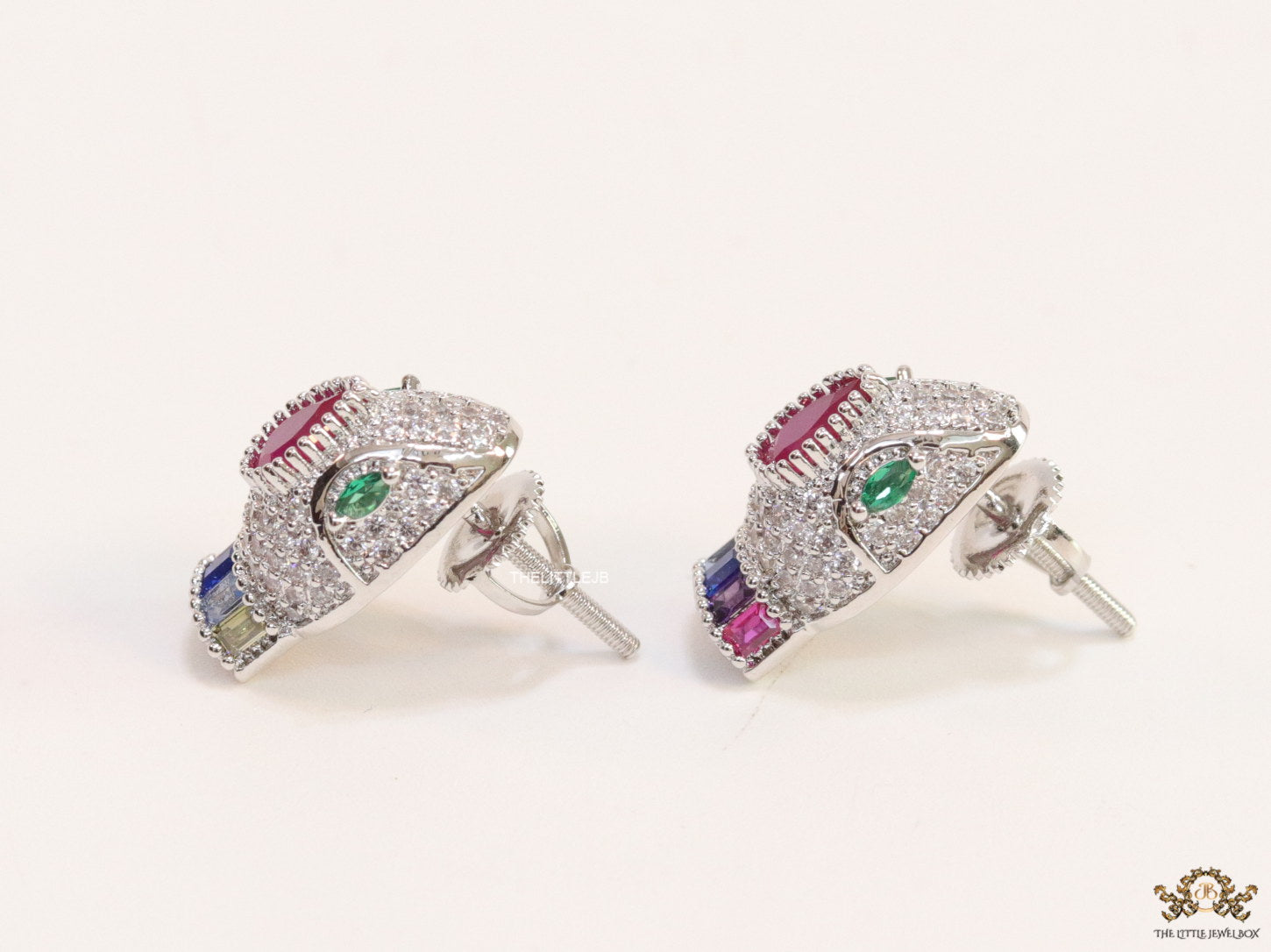 Platinum plated serpentine head stud earrings with multicolour cz
