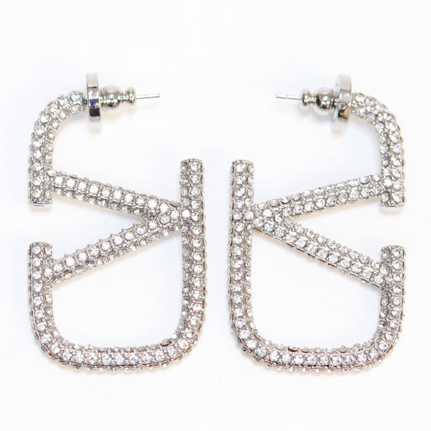 Alphabet V silver rhinestones hoops 45mm
