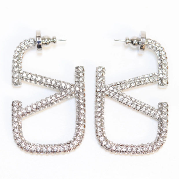 Alphabet V silver rhinestones hoops 45mm