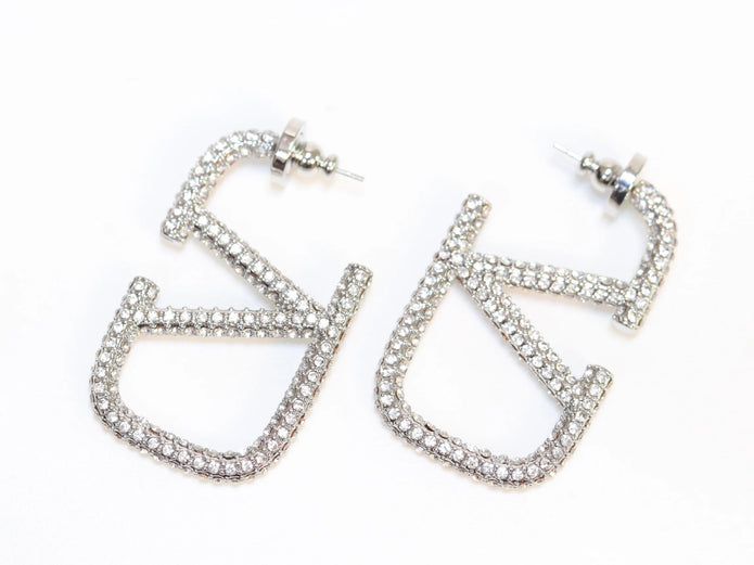 Alphabet V silver rhinestones hoops 45mm