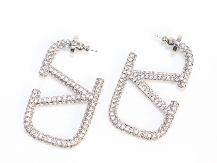 Alphabet V silver rhinestones hoops 45mm