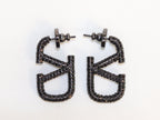 Alphabet V black rhinestones hoops