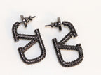 Alphabet V black rhinestones hoops