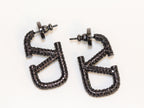 Alphabet V black rhinestones hoops