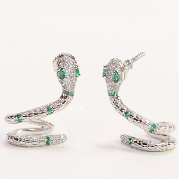Platinum plated ear cuff pattern serpentine earrings with green cz
