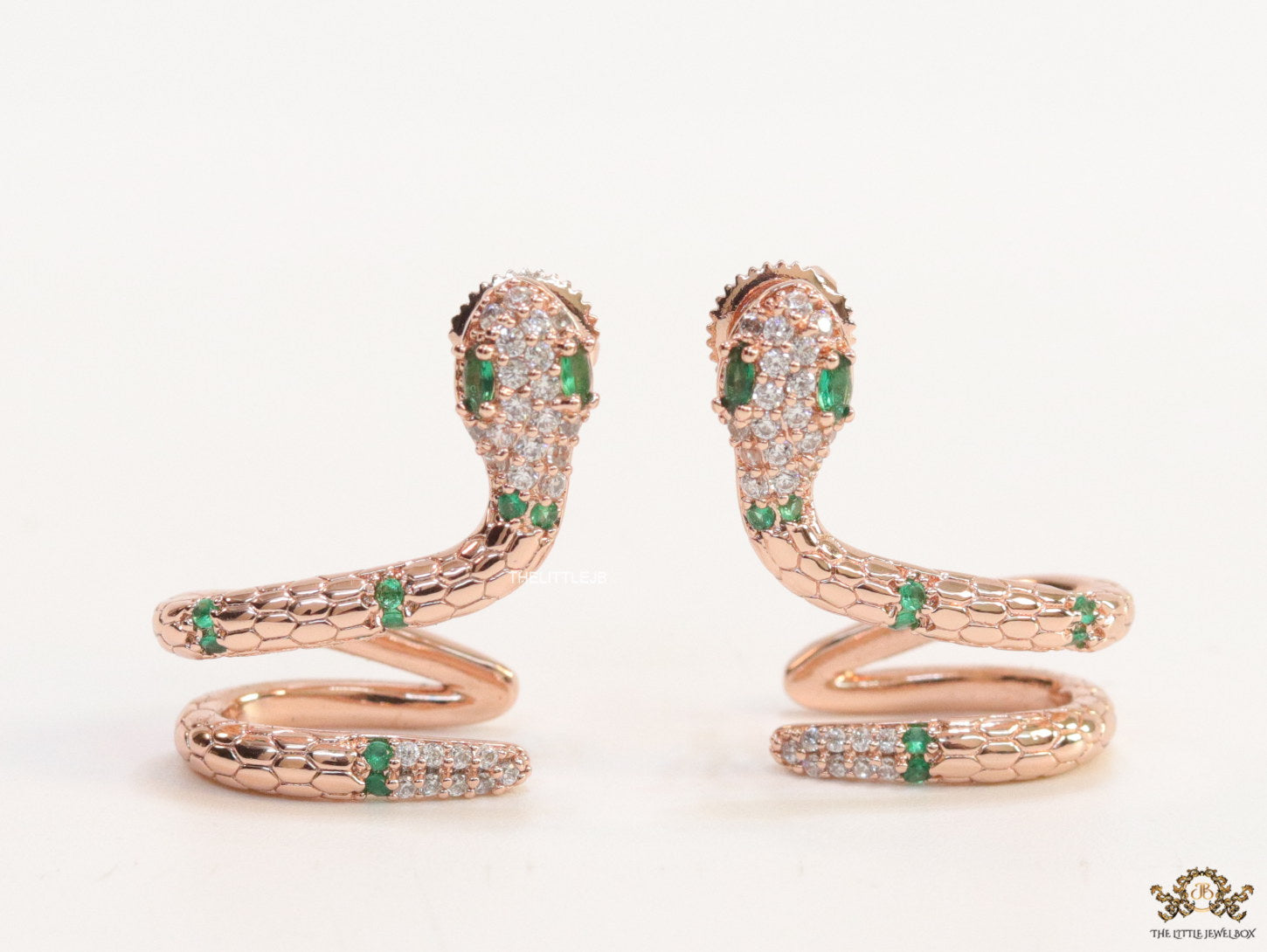 Rose gold plated ear cuff pattern serpentine earrings with green cz