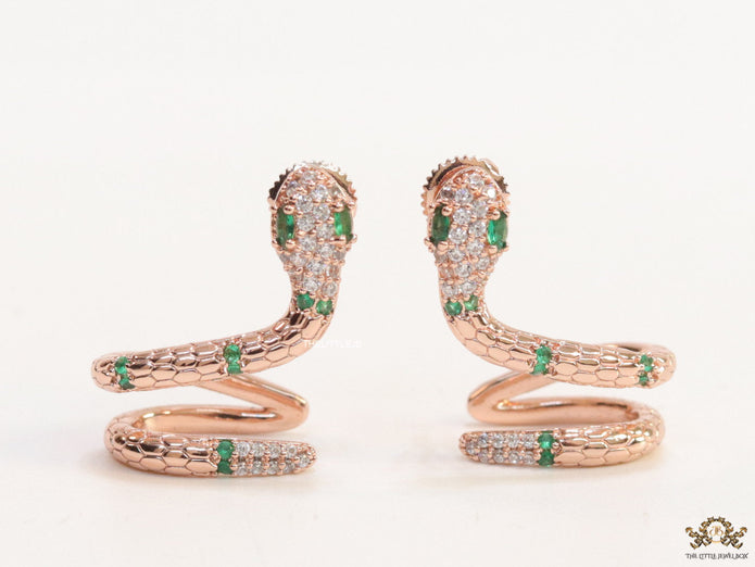 Rose gold plated ear cuff pattern snake earrings with green cz