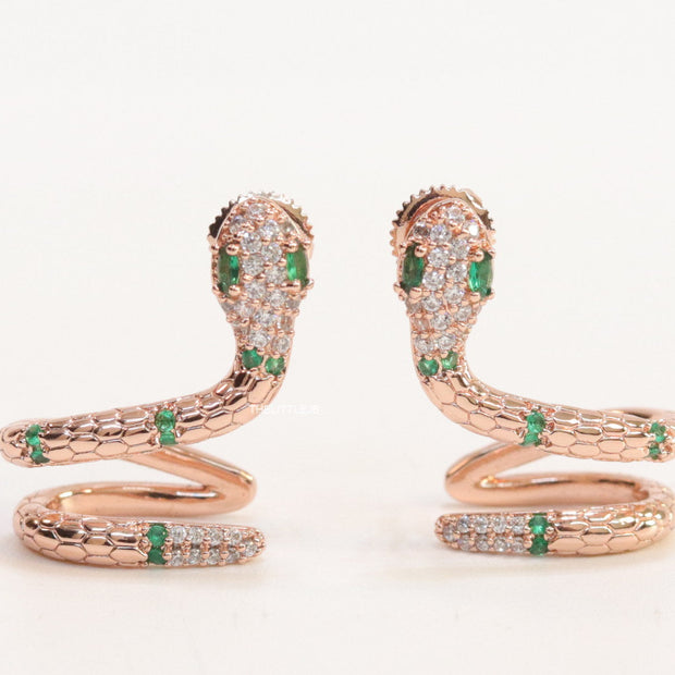 Rose gold plated ear cuff pattern snake earrings with green cz