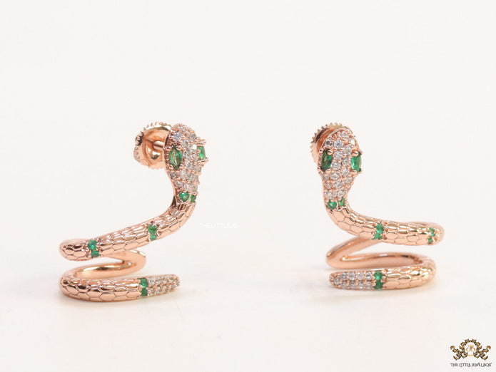 Rose gold plated ear cuff pattern snake earrings with green cz