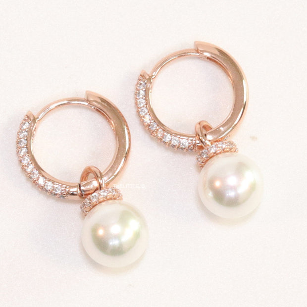 Rose gold plated cz hoops with pearl drop