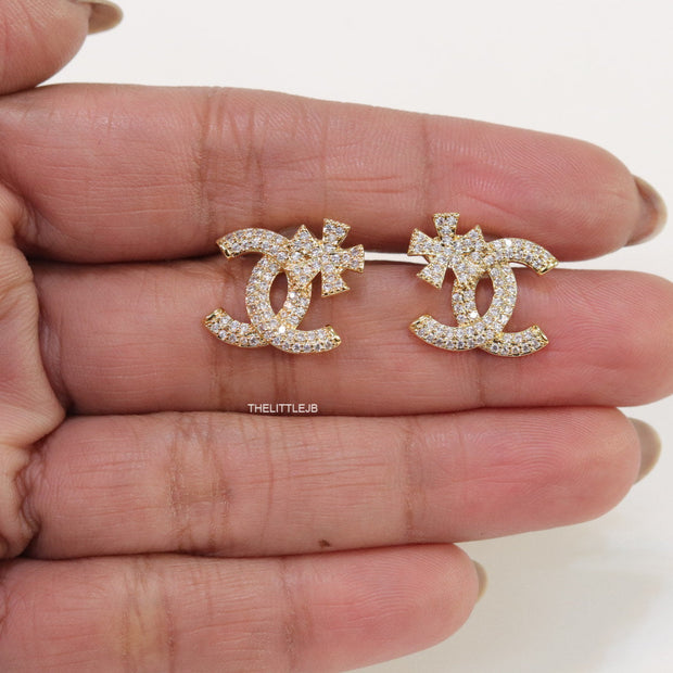 Gold plated flower and twin C motif cz studs