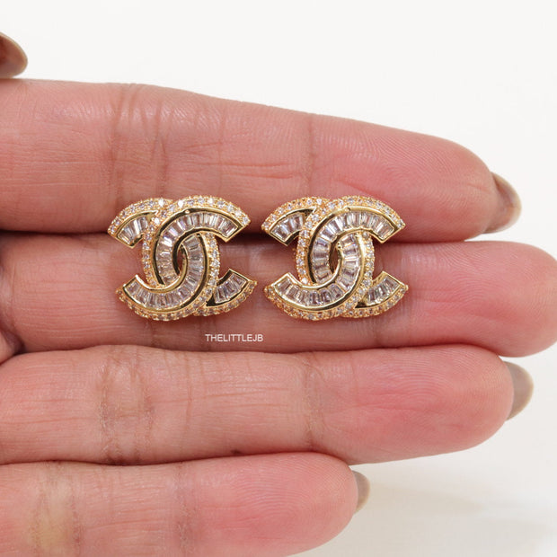 Gold plated twin C motif cz baguette studs