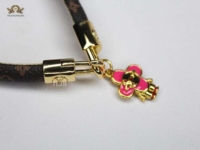 Alphabet L & V Leather bracelet with Pink charm