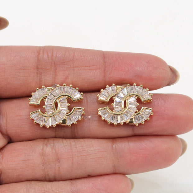 Gold plated twin C motif cz baguette studs