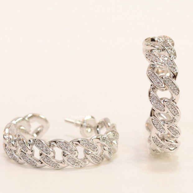 Platinum plated open cz hoops in link chain pattern
