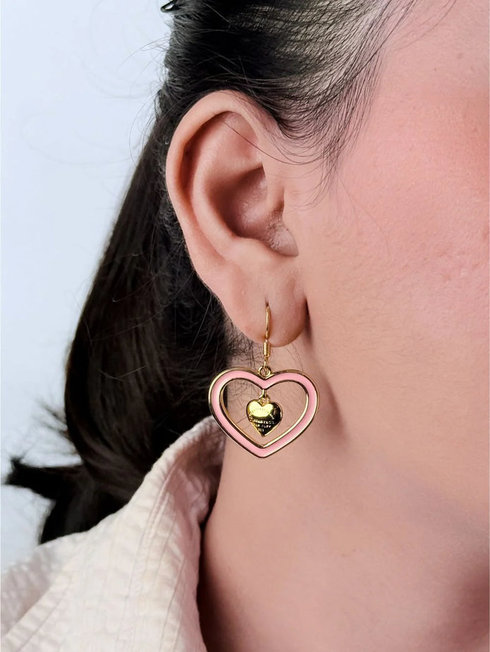 Gold and Pink Double Heart Drop Earrings