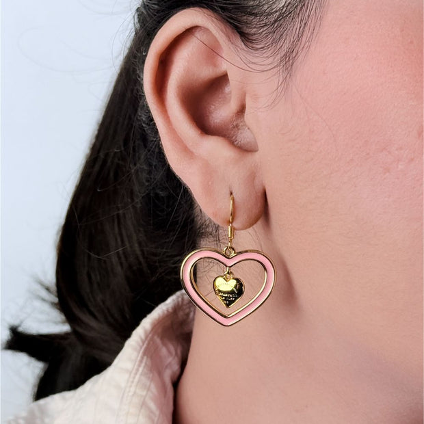 Gold and Pink Double Heart Drop Earrings