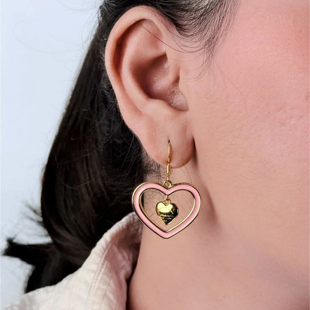 Gold and Pink Double Heart Drop Earrings
