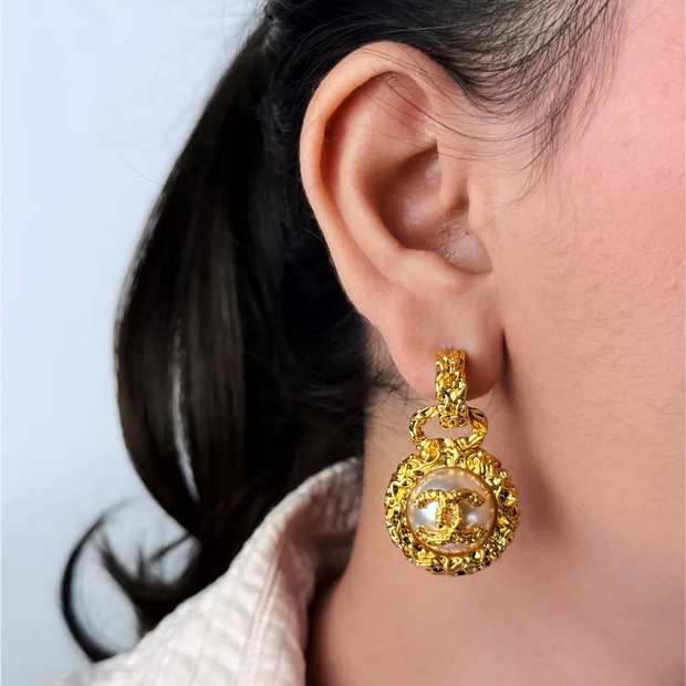 Gold Double C Vintage Pearl Medallion Earrings