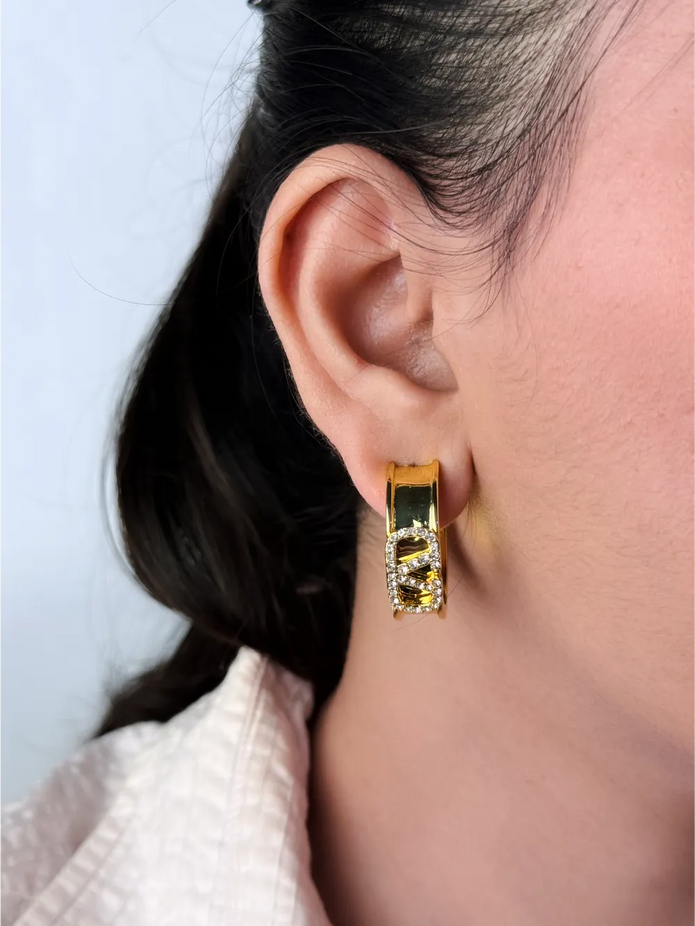 Gold Alphabet V CZ Hoop Earrings