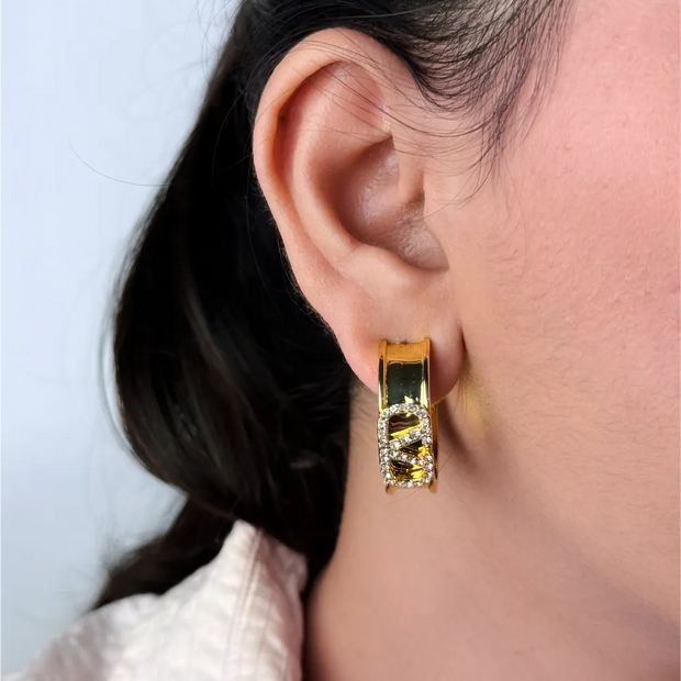 Gold Alphabet V CZ Hoop Earrings