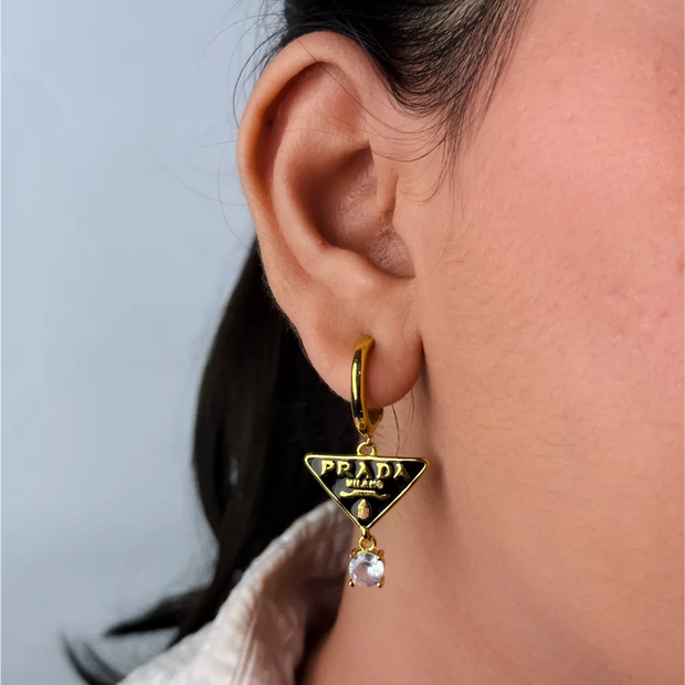 Black and Gold Triangle Stone Drop Earrings
