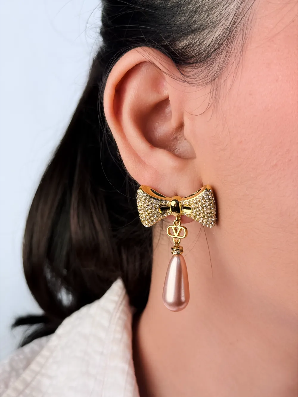 Gold Bow Alphabet V Drop Earrings with Pink Pearl