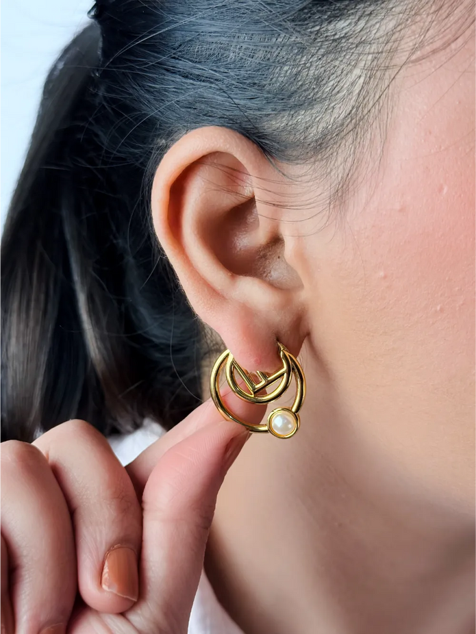 Gold Plated Alphabet F Pearl Hoop Earrings