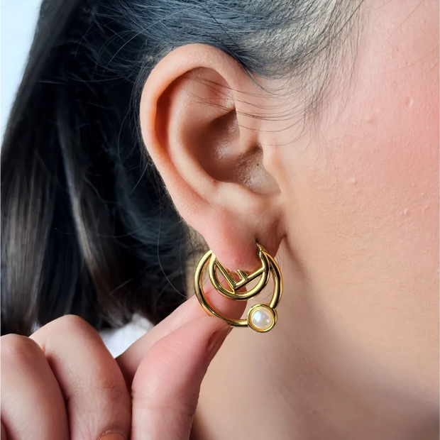 Gold Plated Alphabet F Pearl Hoop Earrings