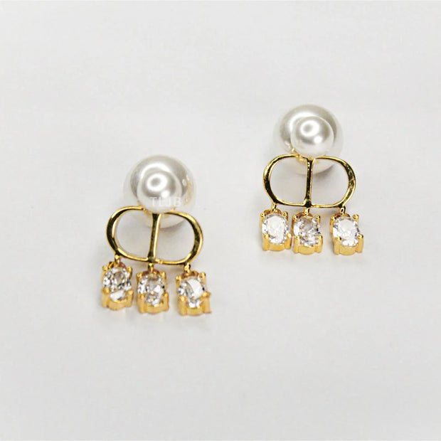 Alphabet C D pearl bomber earrings with cz