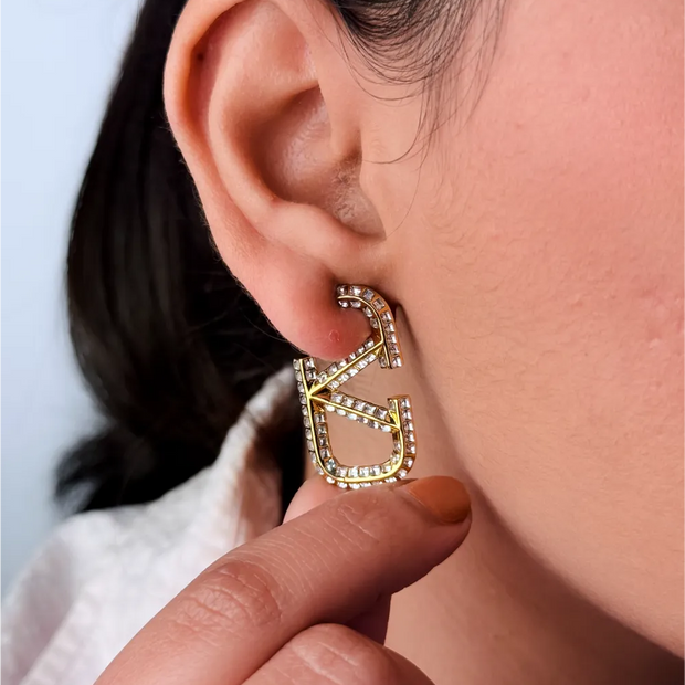 Golden alphabet  V Crystal Hoop Stud Earrings