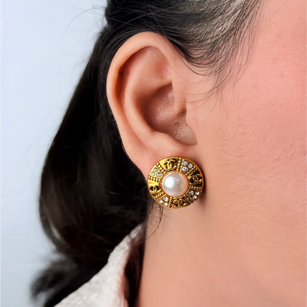 Gold Pearl and CZ Round Stud Earrings