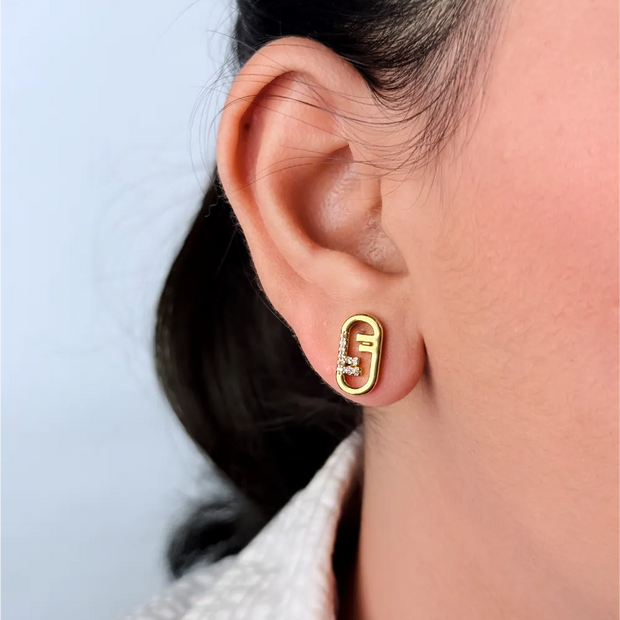 Gold CZ Paperclip Stud Earrings