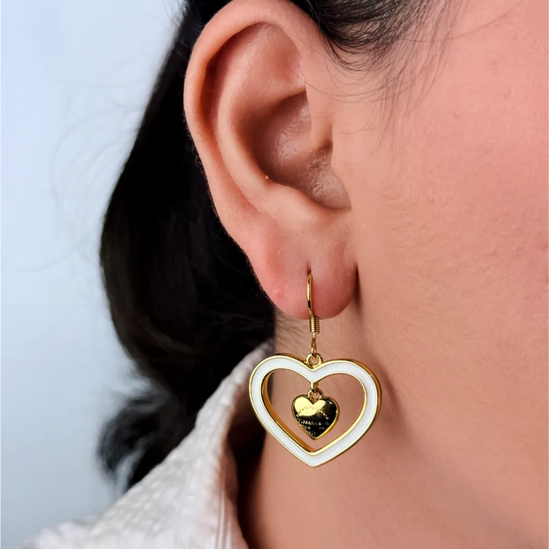 Gold and white Double Heart Drop Earrings