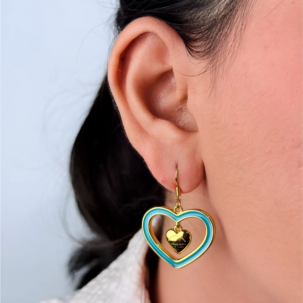 Gold and Turquoise Double Heart Drop Earrings