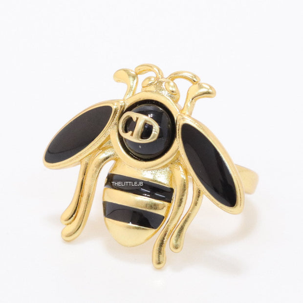 Black and golden bee open ring with alphabet