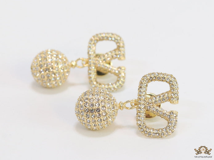 Gold plated cz alphabet v earring with cz ball drops