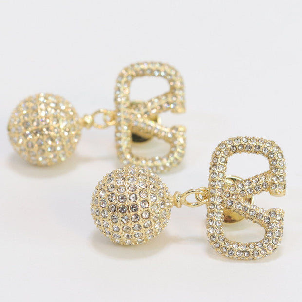 Gold plated cz alphabet v earring with cz ball drops